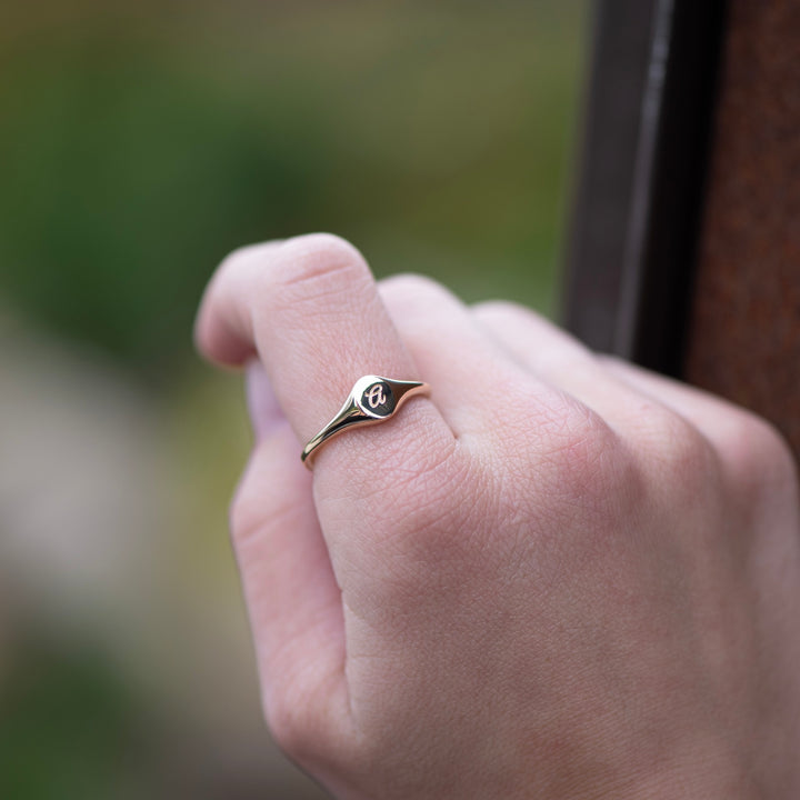 Minimalist Ladies’ Signet Ring – Custom Script Initial, Solid 14K Yellow Gold