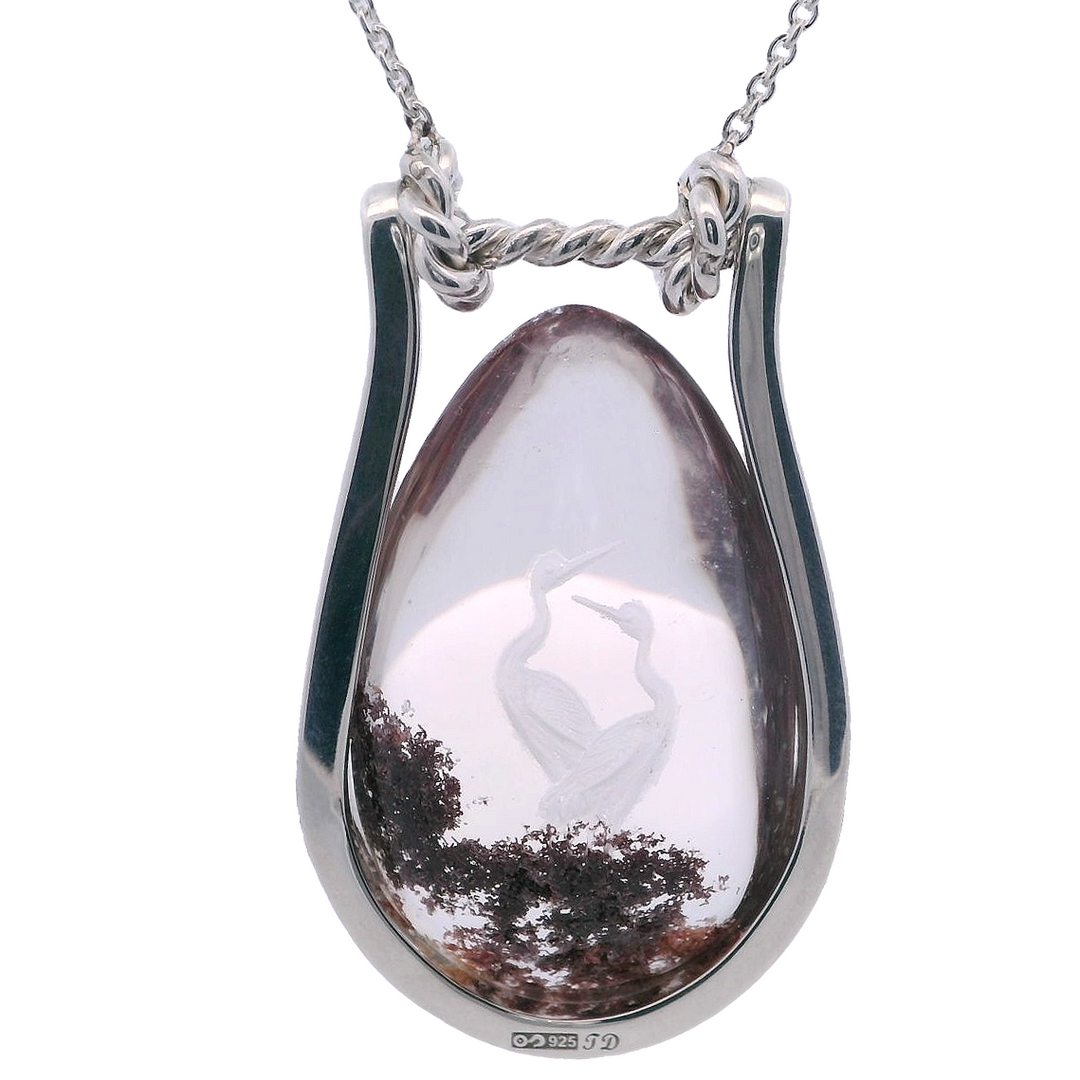 Sterling Silver Carved Crane Moss Quartz Pendant ONLY