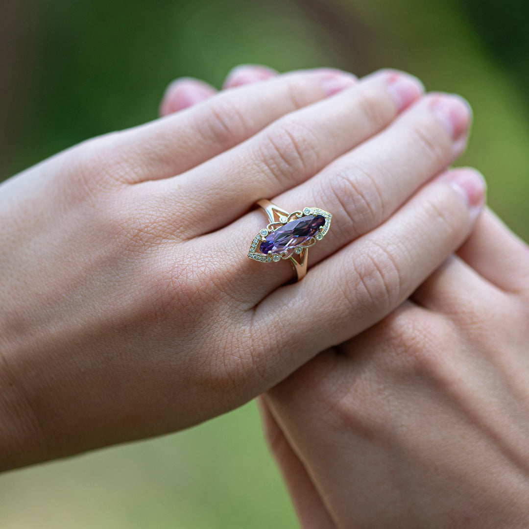 14K Yellow Gold Amethyst & Diamond Filigree Ring
