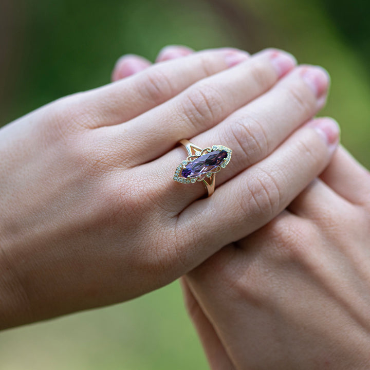 14K Yellow Gold Amethyst & Diamond Filigree Ring