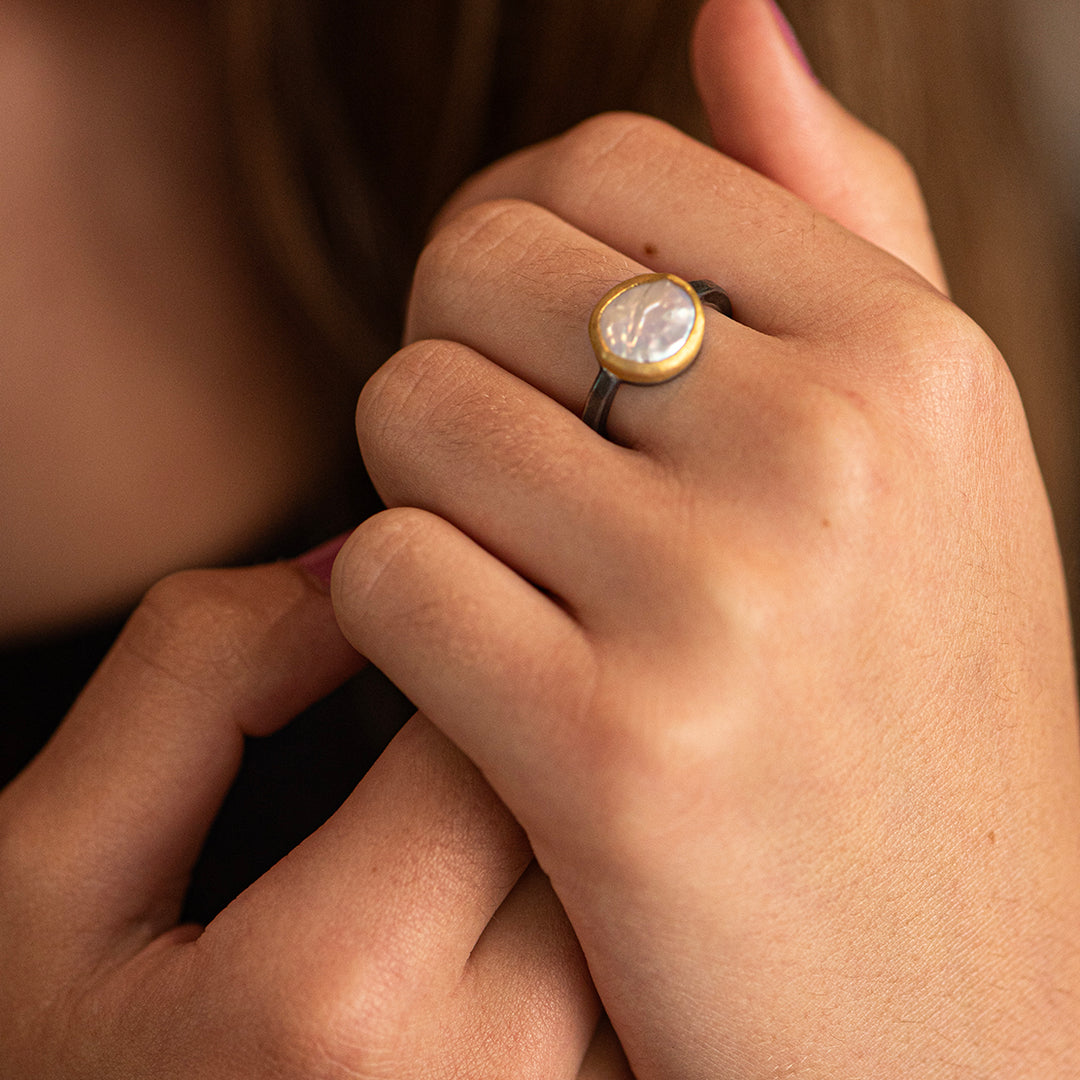 24K Gold and Oxidized Sterling Silver Pearl "KARIN" Ring