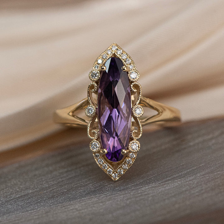 14K Yellow Gold Amethyst & Diamond Filigree Ring