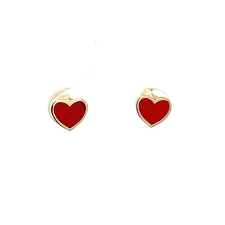 14K Yellow Gold & Red Enamel Heart Stud Earrings