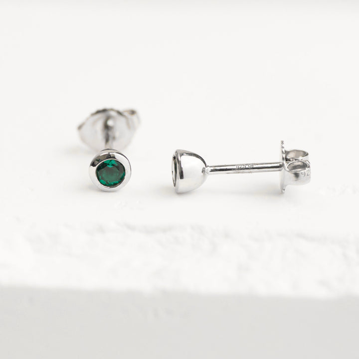 Sterling Silver Created Emerald Bezel Stud Earrings