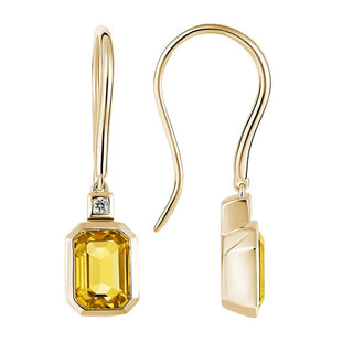 14KY Emerald Cut Citrine and diamond earwire earrings