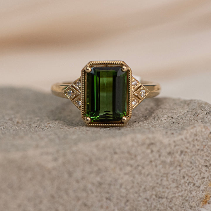 14K Yellow Gold Green Tourmaline & Diamond Ring