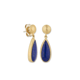 24K All Gold “MODERN” Earrings with Pear Shape Lapis, Button Tops, 18k posts & backings