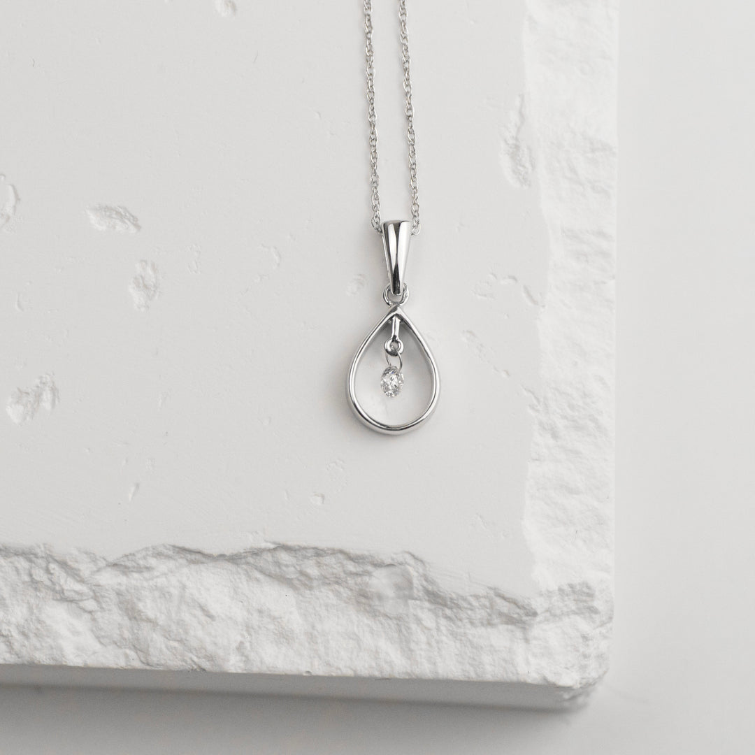 14K White Gold Shimmering Diamond Teardrop Necklace