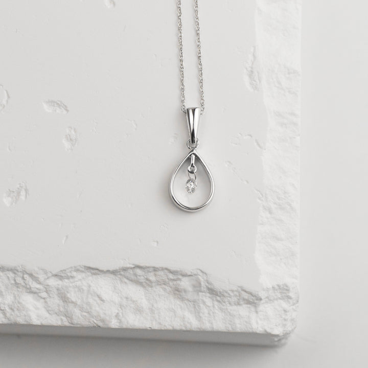 14K White Gold Shimmering Diamond Teardrop Necklace