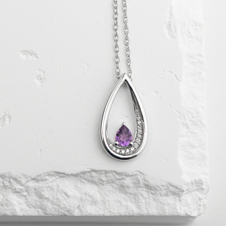 Sterling Silver Amethyst and Diamond Teardrop Pendant Necklace