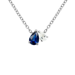 14KW 2-Stone Pear Diamond and Blue Sapphire Fixed Pendant on Adj Cable Chain 16-17-18"