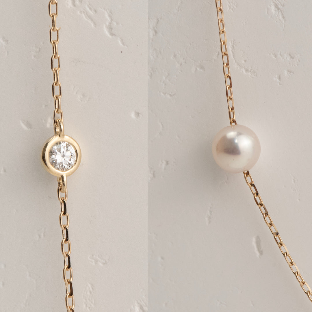 14K Yellow Gold Akoya Pearl and Lab Diamond Station Necklace