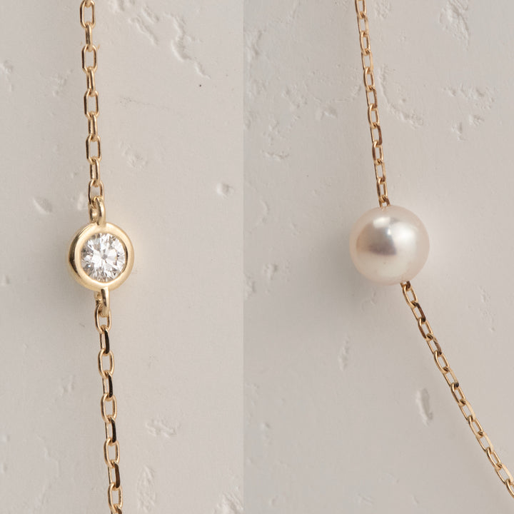 14K Yellow Gold Akoya Pearl and Lab Diamond Station Necklace