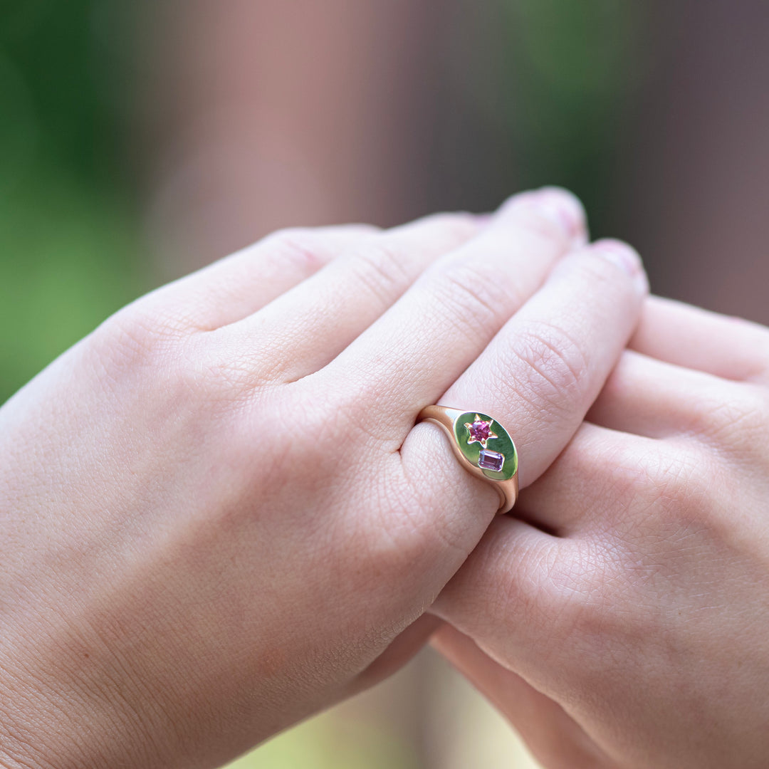 14K Yellow Gold Pink Tourmaline & Purple Sapphire Signet Ring