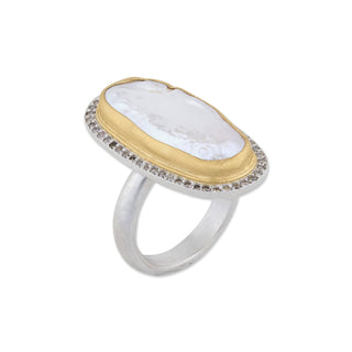 24K Gold & Sterling Silver “PEARLITA” Pearl Ring, Cognac Diamonds NS, 10x24mm pe
