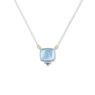 24K Gold & Sterling Silver “DIVE-IN” Sky Blue Topaz and Mother of Pearl Doublet Necklace,Blue Sapphire, Sterling Silver Adjustable Chain 50GG, Lobster Claw