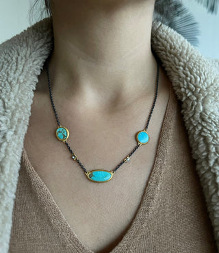 24K Gold & Ox Silver “KATYA” Necklace with Three Freeform Kingman Turquoises, White Diamonds, Oxized Silver Adj. Chain