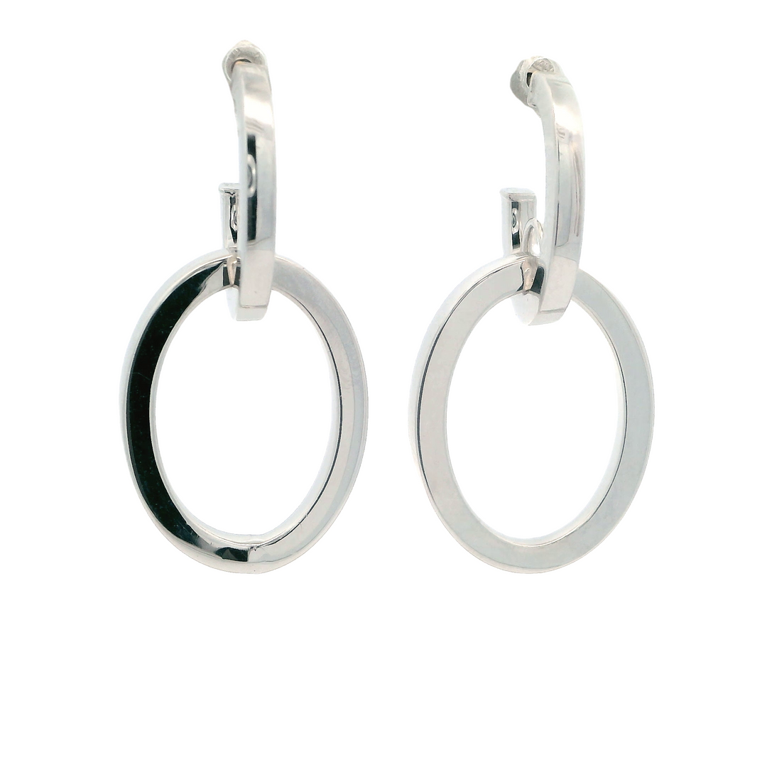 14K White Gold Polished Interlocking Drop Hoop Earrings with Push