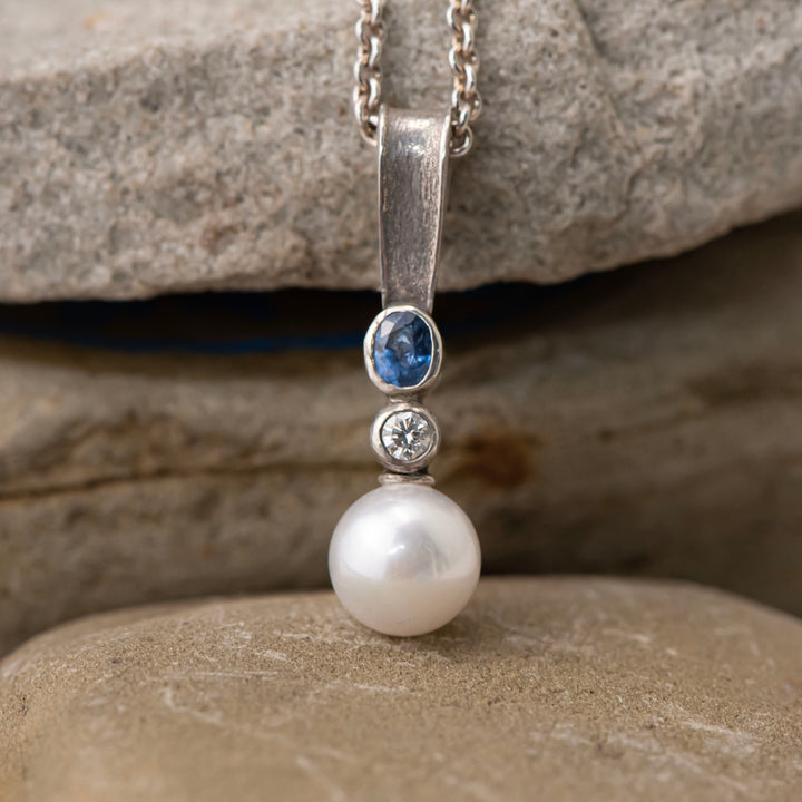 Ladies Argentiun Silver, Cultured Pearl, Diamond and Sapphire Pendant