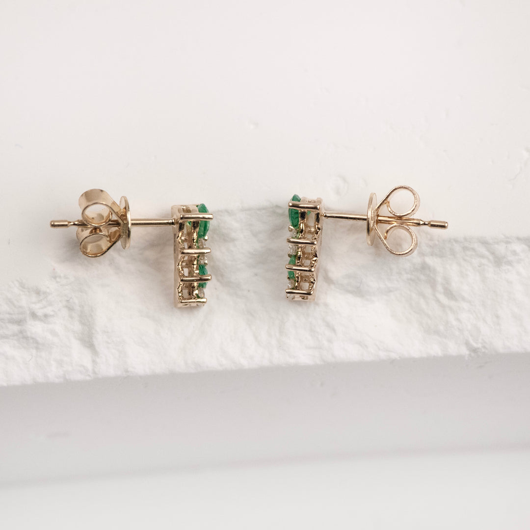 14K Yellow Gold Emerald and Diamond Graduated Stud Earrings
