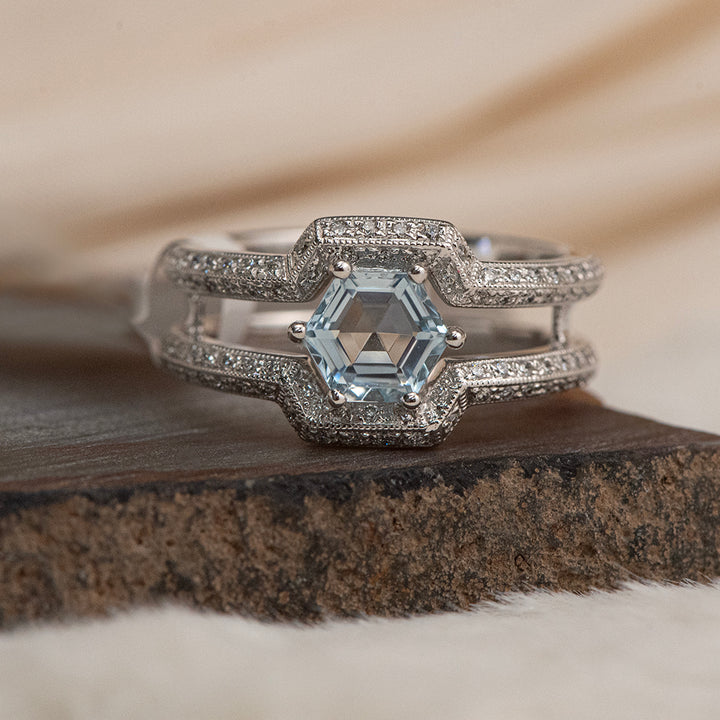 14K White Gold Hexagon Aquamarine & Diamond Ring
