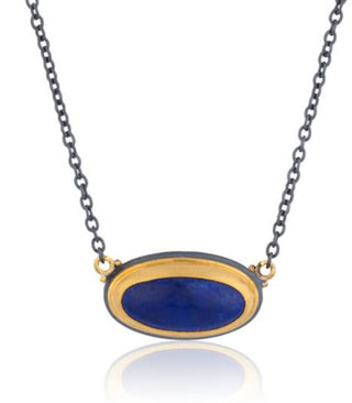24K Gold & Oxidized Silver “PADOVA” Necklace with Oblong Cabochon Lapis on an Oxidized Silver adjustable chain