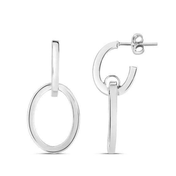 14K White Gold Polished Interlocking Drop Hoop Earrings with Push Back Clasp