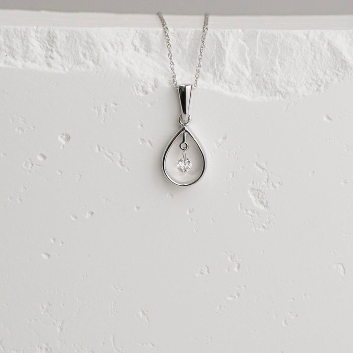 14K White Gold Shimmering Diamond Teardrop Necklace
